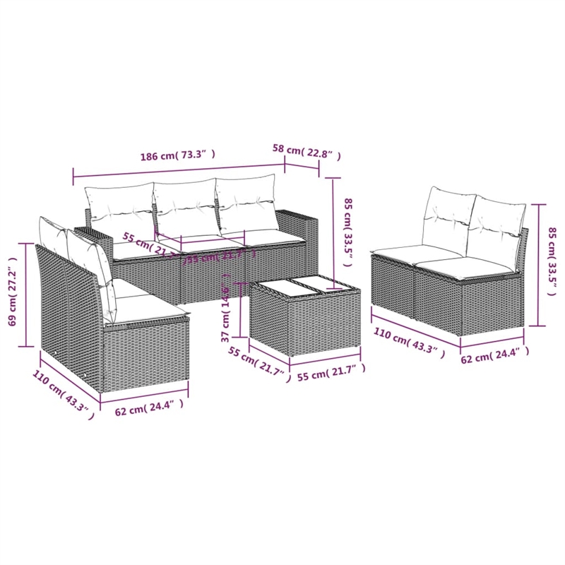 Afuera Living Contemporary 8 Piece Poly Rattan Sofa Set in Gray