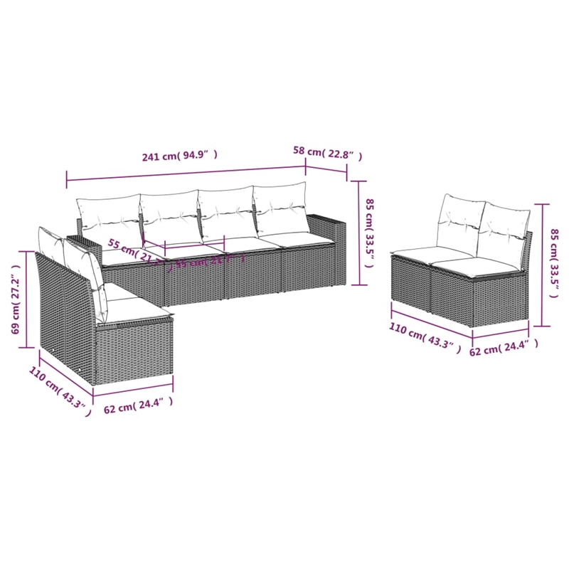 Afuera Living Contemporary 8 Piece Poly Rattan Large Sofa Set in Black