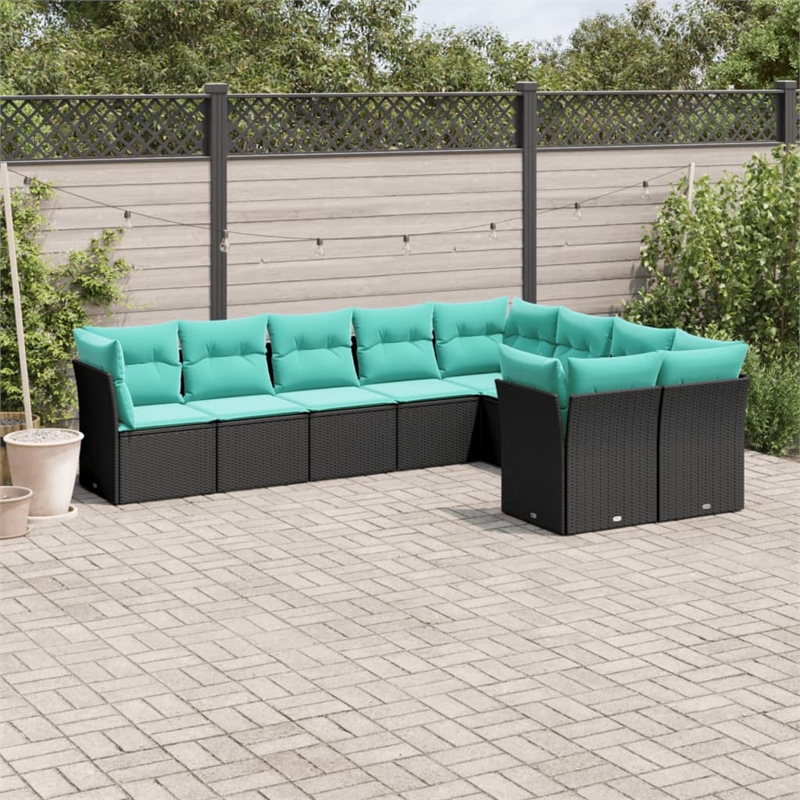 Afuera Living Contemporary 9 Piece Poly Rattan Sofa Set in Black/Blue