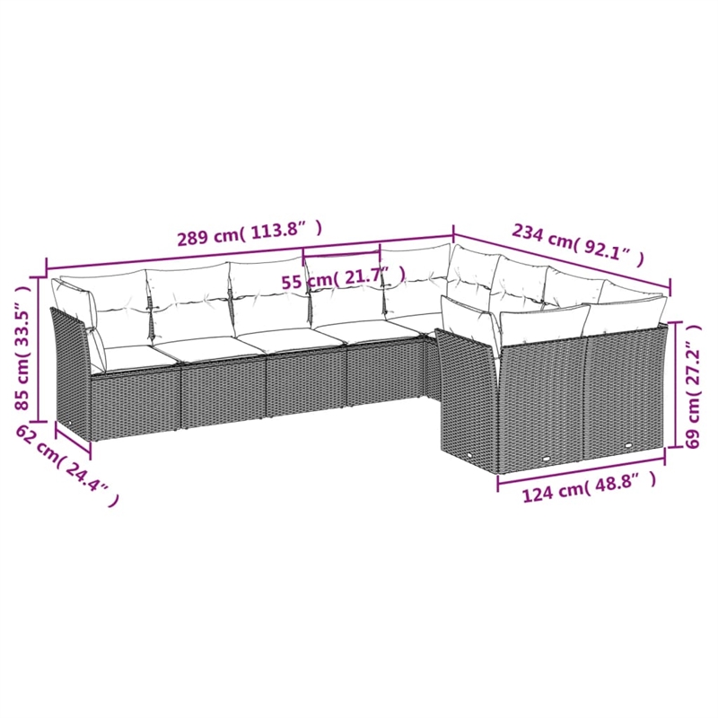 Afuera Living Contemporary 9 Piece Poly Rattan Sofa Set in Black/Blue
