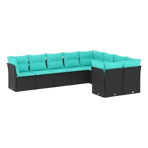 Afuera Living Contemporary 9 Piece Poly Rattan Sofa Set in Black/Blue