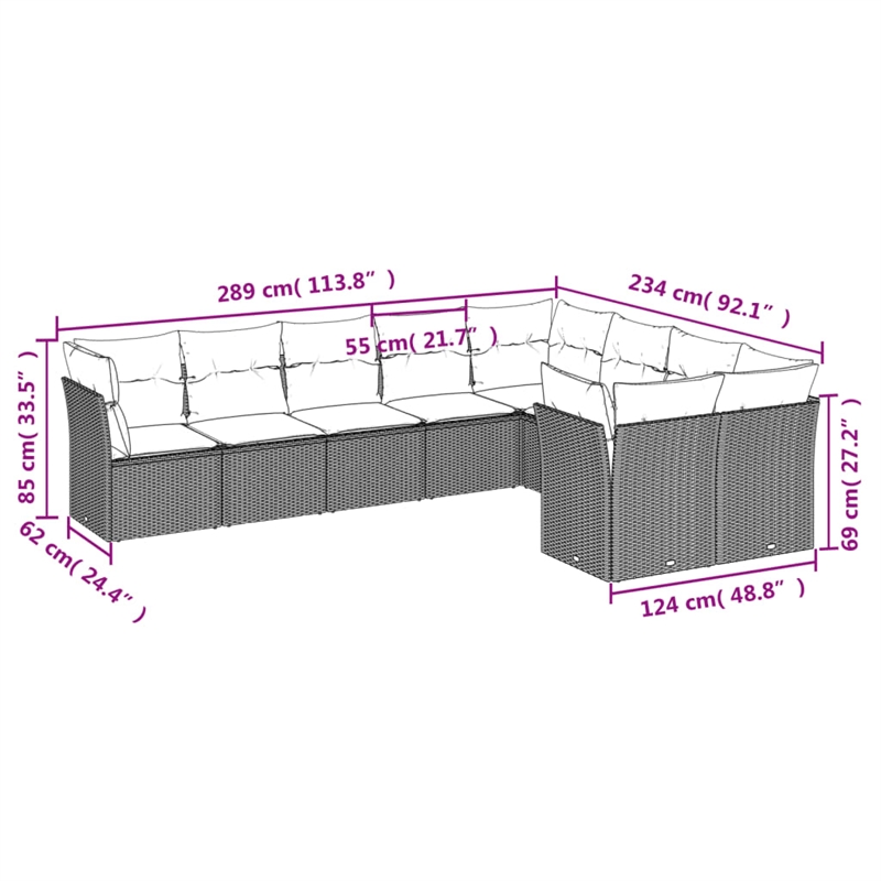 Afuera Living Contemporary Synthetic Poly Rattan 9 Piece Sofa Set in Gray/Beige
