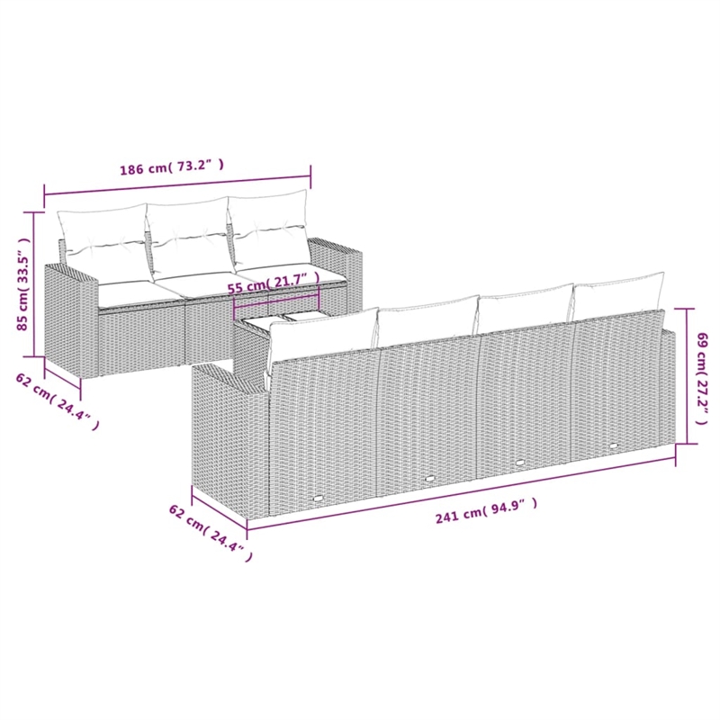 Afuera Living Contemporary 8 Piece Poly Rattan Sofa Set in Gray
