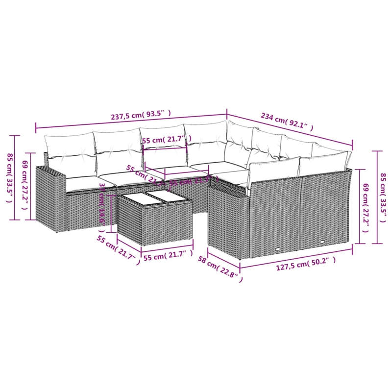 Afuera Living Contemporary 9 Piece Poly Rattan Sofa Set in Gray