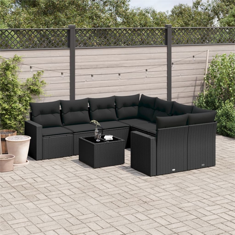 Afuera Living Contemporary Synthetic Poly Rattan 9 Piece Sofa Set in Black