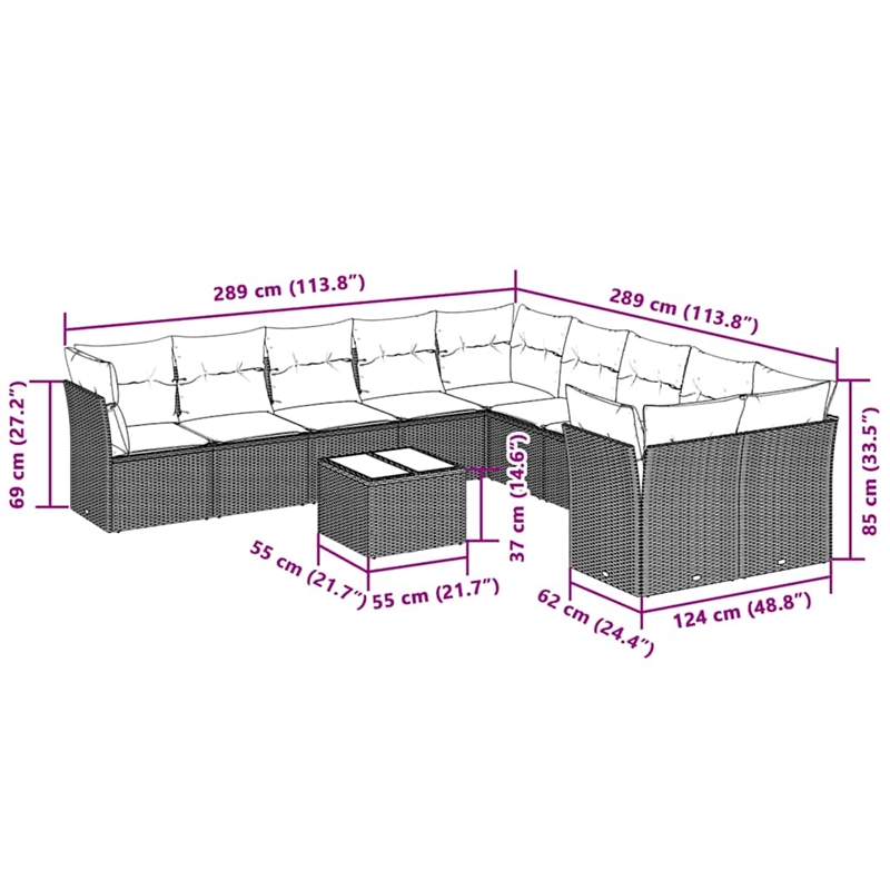 Afuera Living Contemporary 11 Piece Poly Rattan Sofa Set in Gray