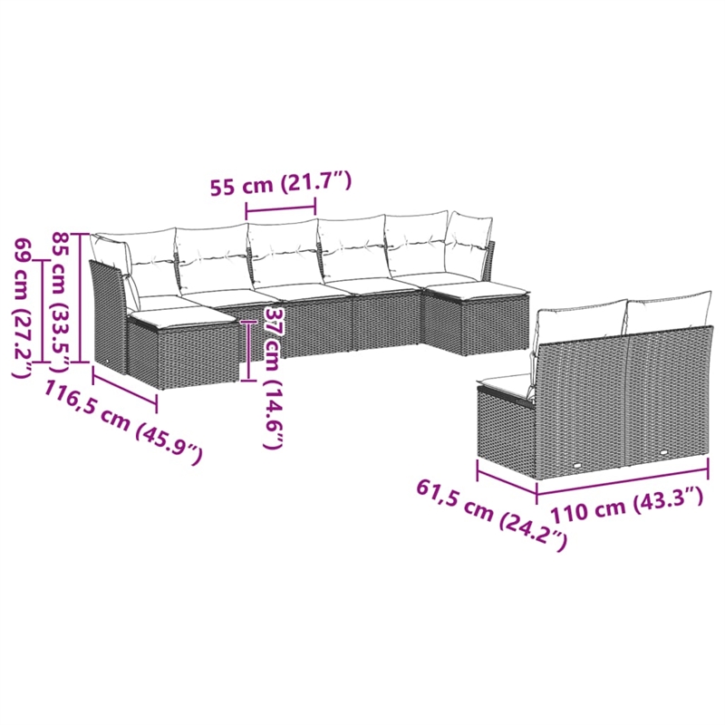 Afuera Living Contemporary 9 Piece Poly Rattan Sofa Set in Gray