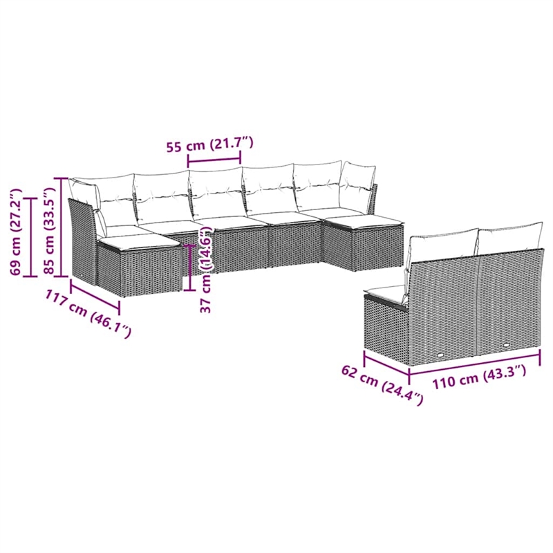 Afuera Living Contemporary 9 Piece Poly Rattan Large Sofa Set in Brown