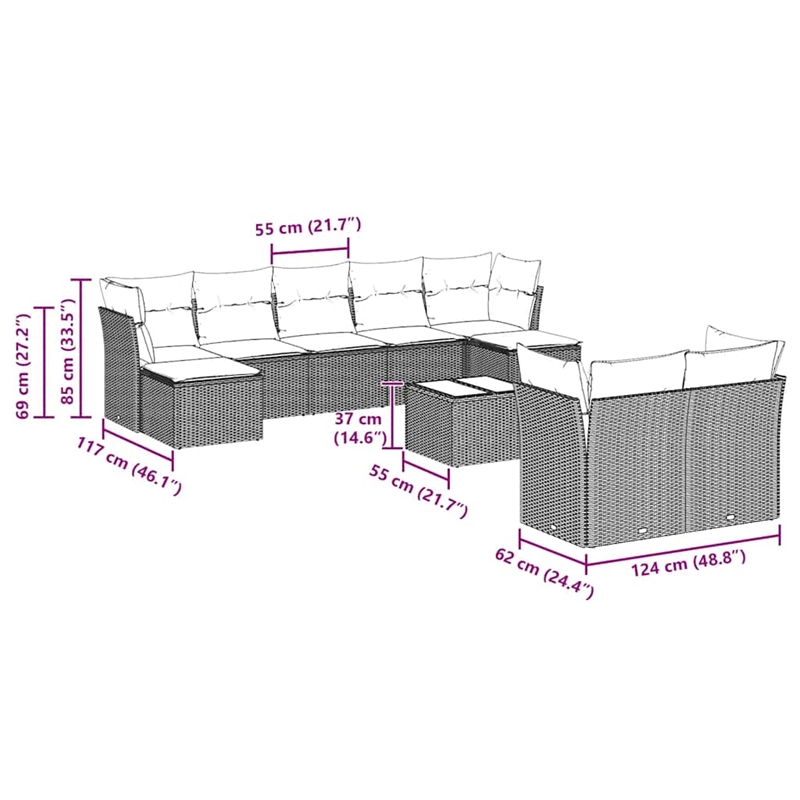 Afuera Living Contemporary 10 Piece Poly Rattan Sofa Set in Gray