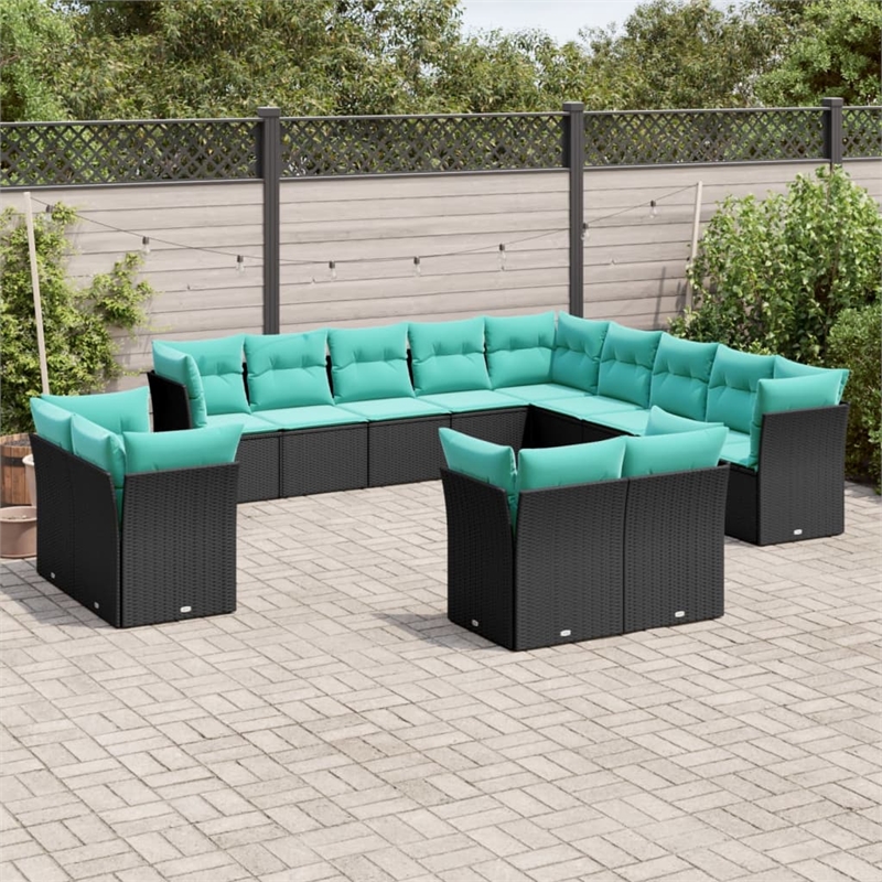 Afuera Living Contemporary Synthetic Poly Rattan 13 Piece Sofa Set in Black/Blue