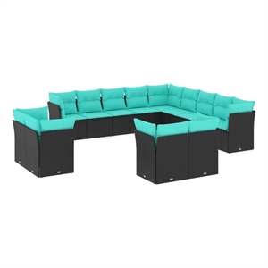 Afuera Living Contemporary Synthetic Poly Rattan 13 Piece Sofa Set in Black/Blue