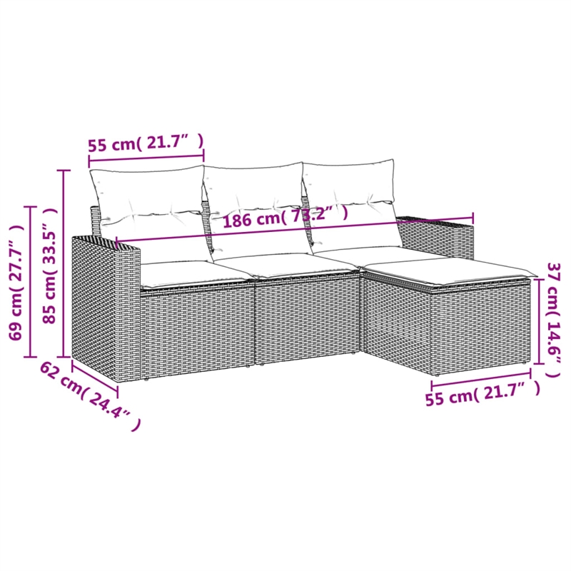 Afuera Living Contemporary Synthetic Poly Rattan 4 Piece  Sofa Set in Black