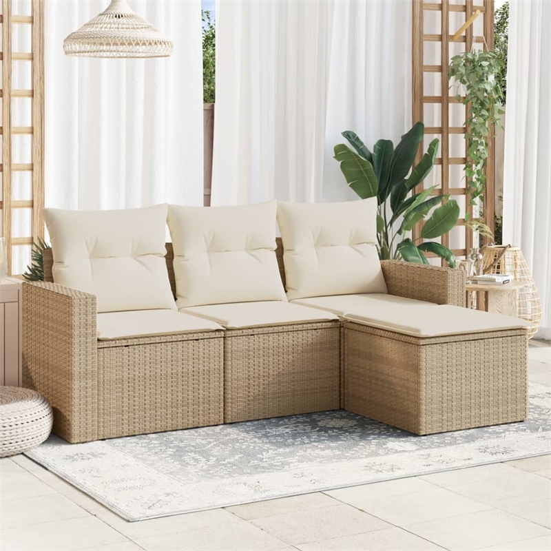 Afuera Living Contemporary Synthetic Poly Rattan 4 Piece  Sofa Set in Beige