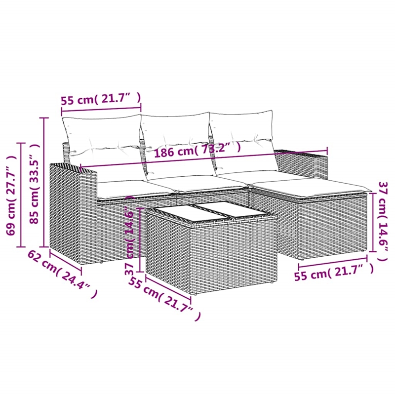 Afuera Living Contemporary Durable Rattan 5 Piece Sofa Set in Gray