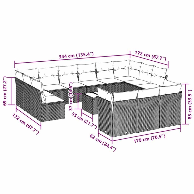 Afuera Living Contemporary 14 Piece Poly Rattan Sofa Set in Gray