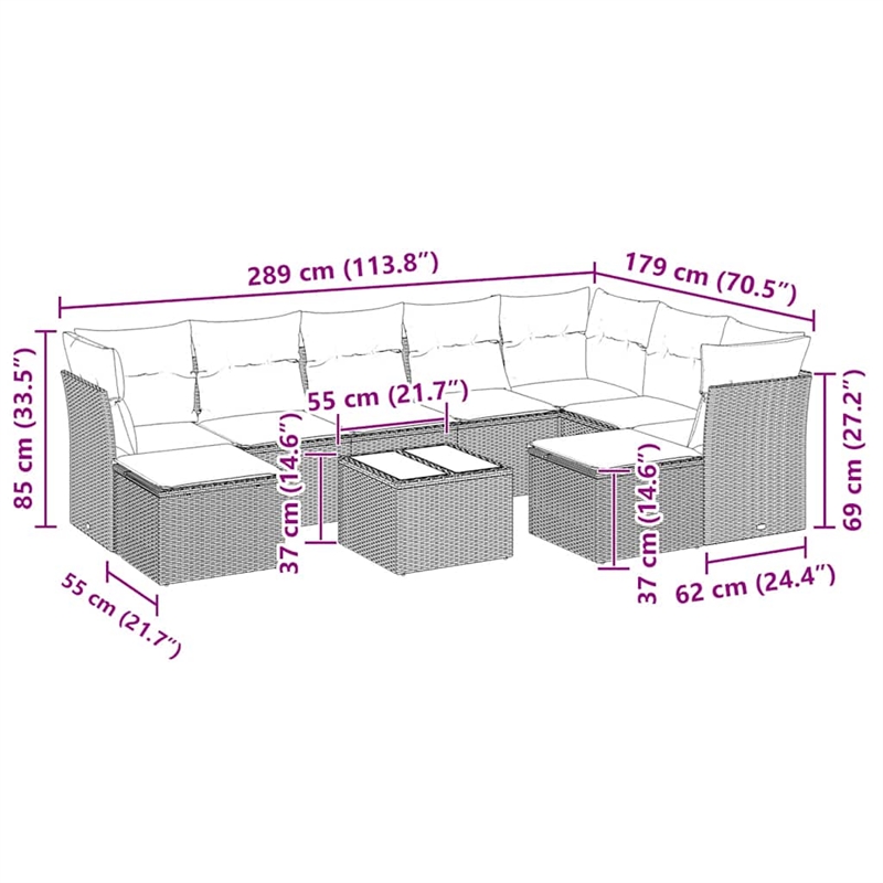 Afuera Living Contemporary 10 Piece Poly Rattan Sofa Set in Gray