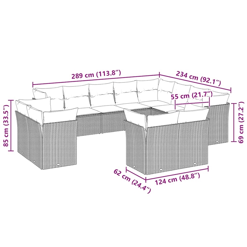 Afuera Living Contemporary Synthetic Poly Rattan 12 Piece Sofa Set in Gray