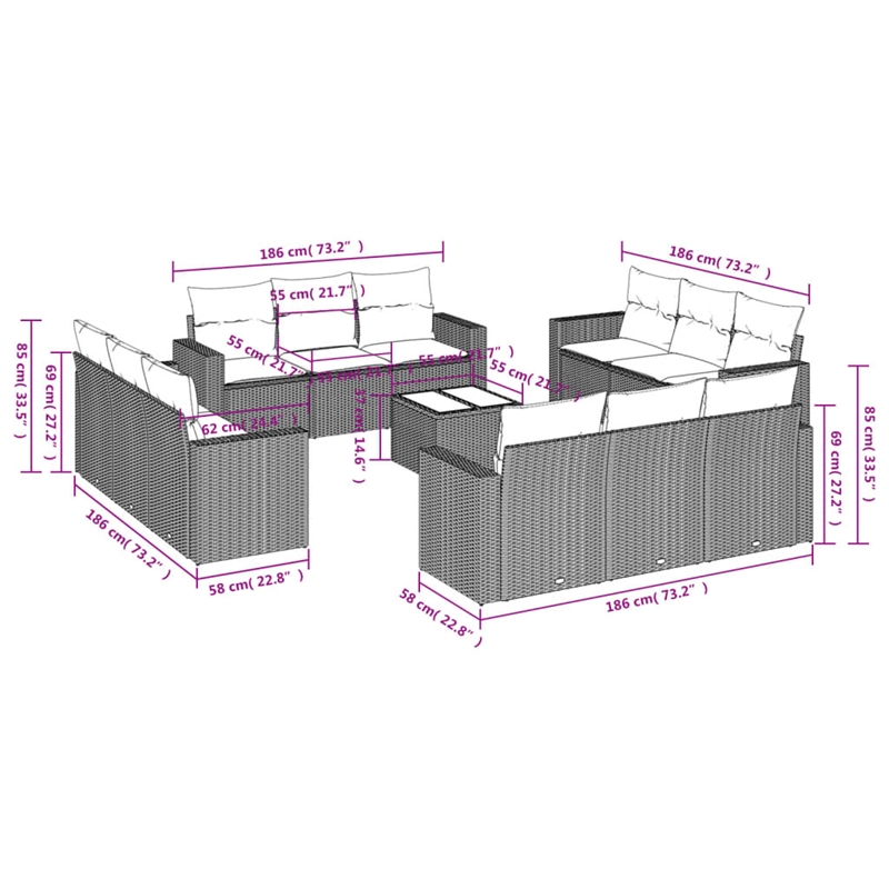 Afuera Living Contemporary 13 Piece Poly Rattan Sofa Set in Brown/Cream