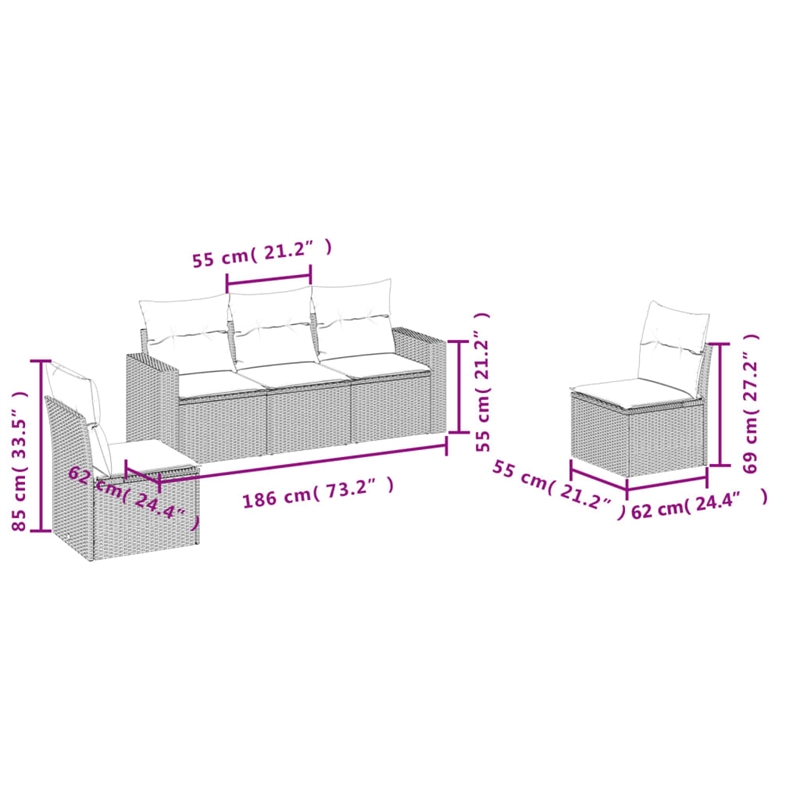 Afuera Living Contemporary 5 Piece Poly Rattan Large Sofa Set in Black