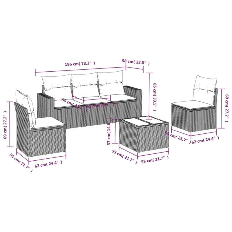Afuera Living Contemporary Synthetic Poly Rattan 6 Piece Sofa Set in Gray