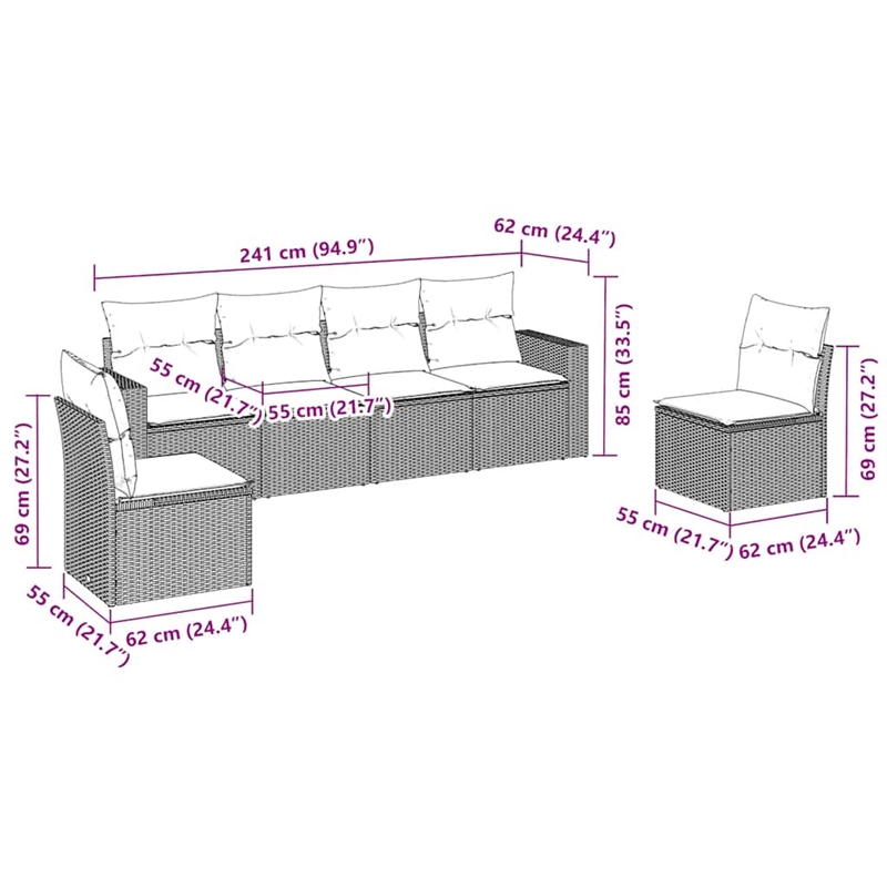 Afuera Living Contemporary 6 Piece Poly Rattan Sofa Set in Brown/Cream