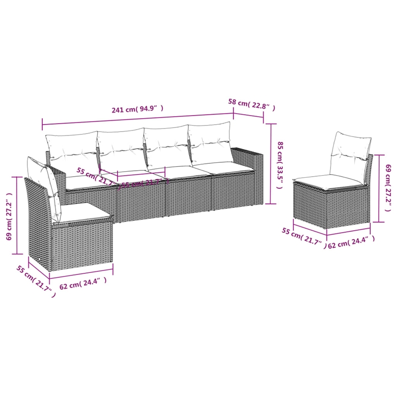 Afuera Living Contemporary 6 Piece Poly Rattan Sofa Set in Gray/Beige