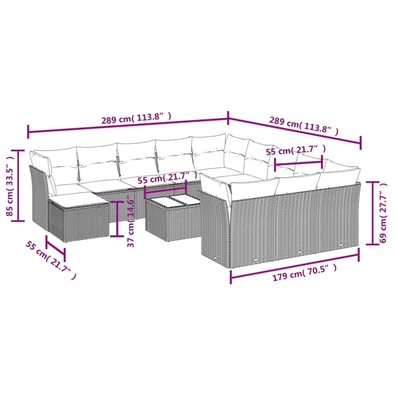 Afuera Living Contemporary 13 Piece Poly Rattan Sofa Set in Gray