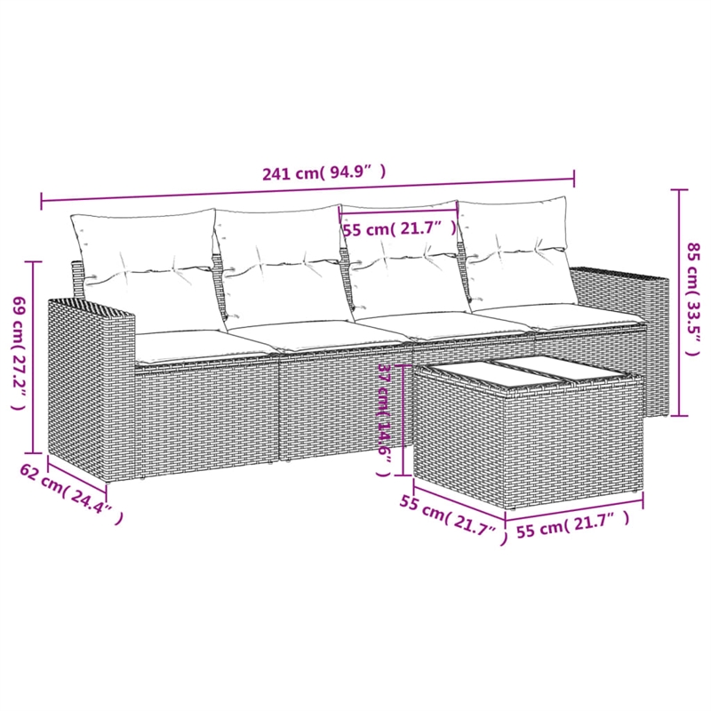 Afuera Living Contemporary 5 Piece Poly Rattan Sofa Set in Gray