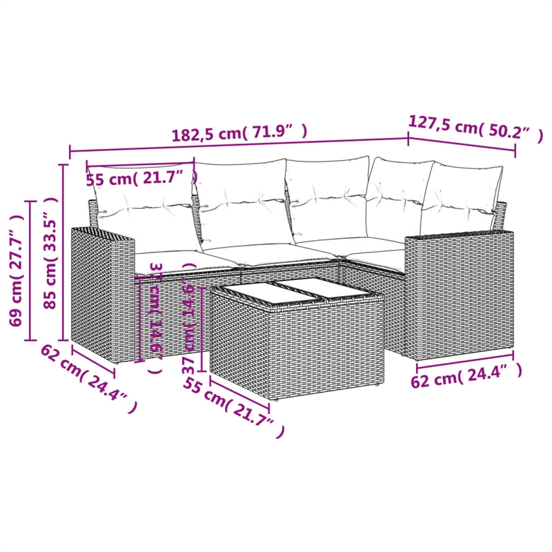 Afuera Living Contemporary 5 Piece Poly Rattan Large Sofa Set in Gray