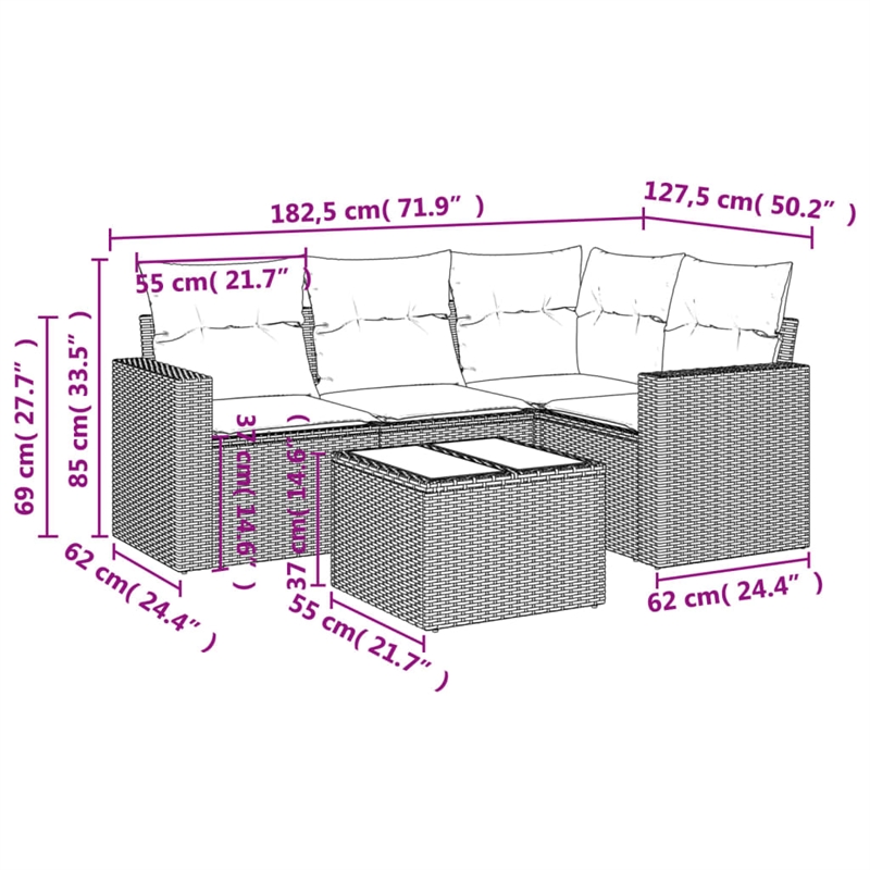 Afuera Living Contemporary Synthetic Poly Rattan 5 Piece Small Sofa Set in Brown