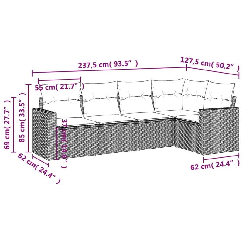 Afuera Living Contemporary 5 Piece Poly Rattan Sofa Set in Black