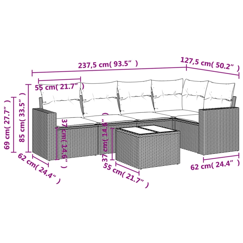 Afuera Living Contemporary 6 Piece Poly Rattan Small Sofa Set in Black