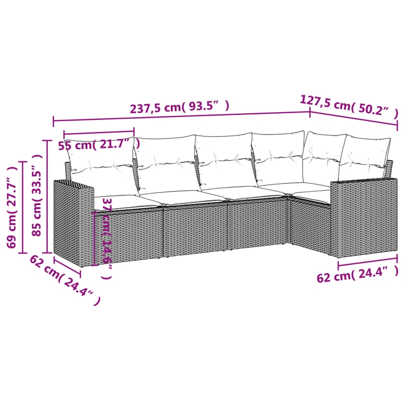 Afuera Living Contemporary Synthetic Poly Rattan 5 Piece  Sofa Set in Beige