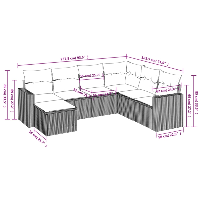 Afuera Living Contemporary 7 Piece Poly Rattan Sofa Set in Gray