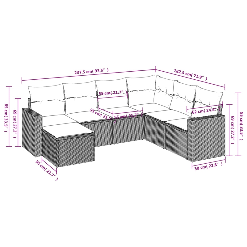 Afuera Living Contemporary 7 Piece Poly Rattan Large Sofa Set in Gray