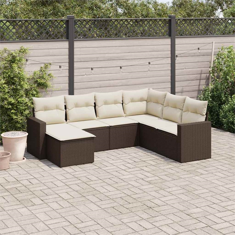 Afuera Living Contemporary 7 Piece Poly Rattan Sofa Set in Brown/Cream