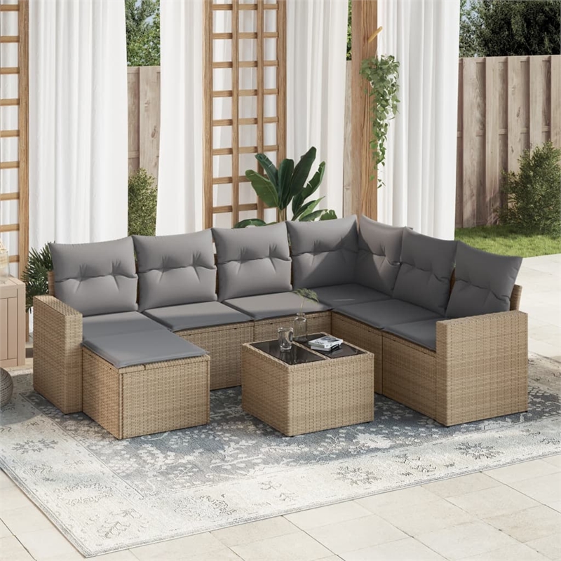 Afuera Living Contemporary 8 Piece Poly Rattan Sofa Set in Gray/Beige