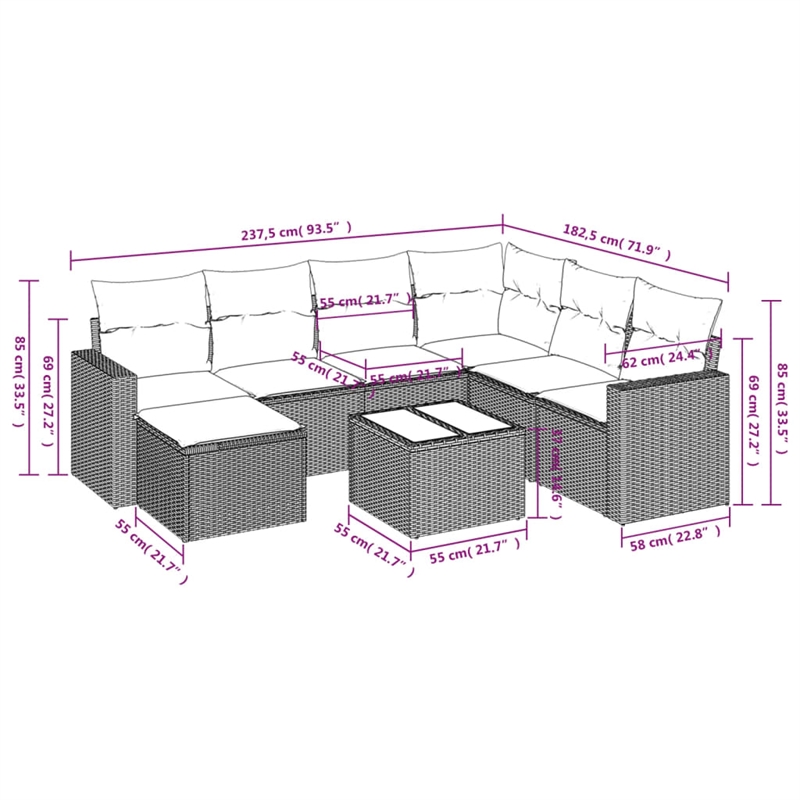 Afuera Living Contemporary 8 Piece Poly Rattan Sofa Set in Gray/Beige