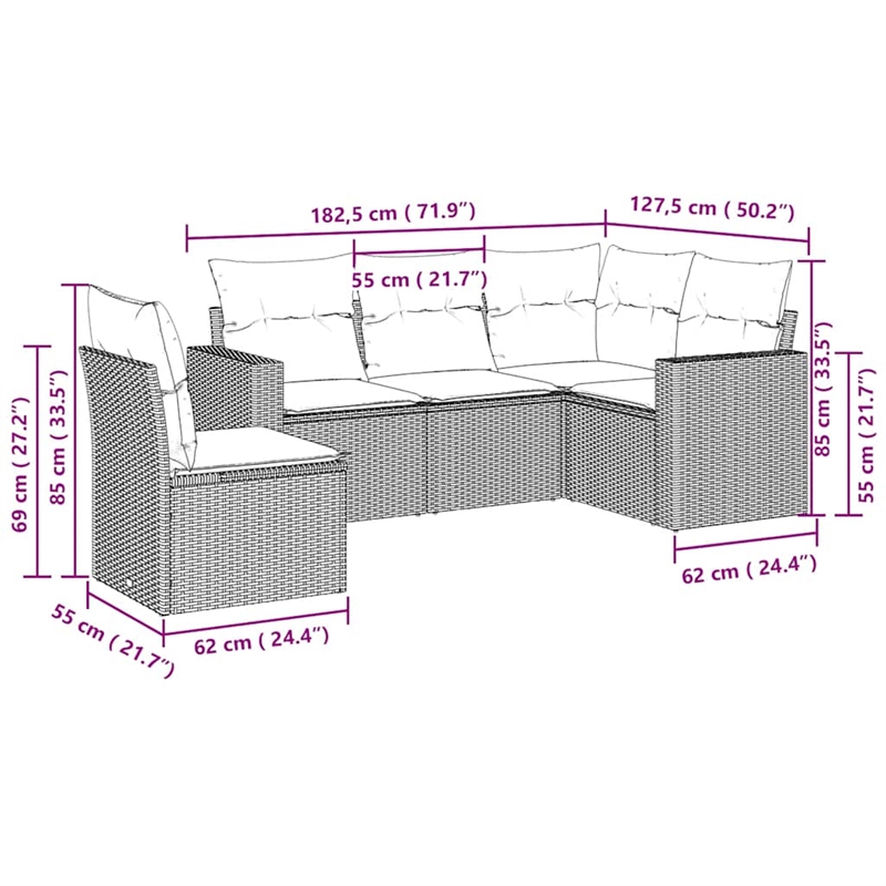 Afuera Living Contemporary 5 Piece Poly Rattan Sofa Set in Gray