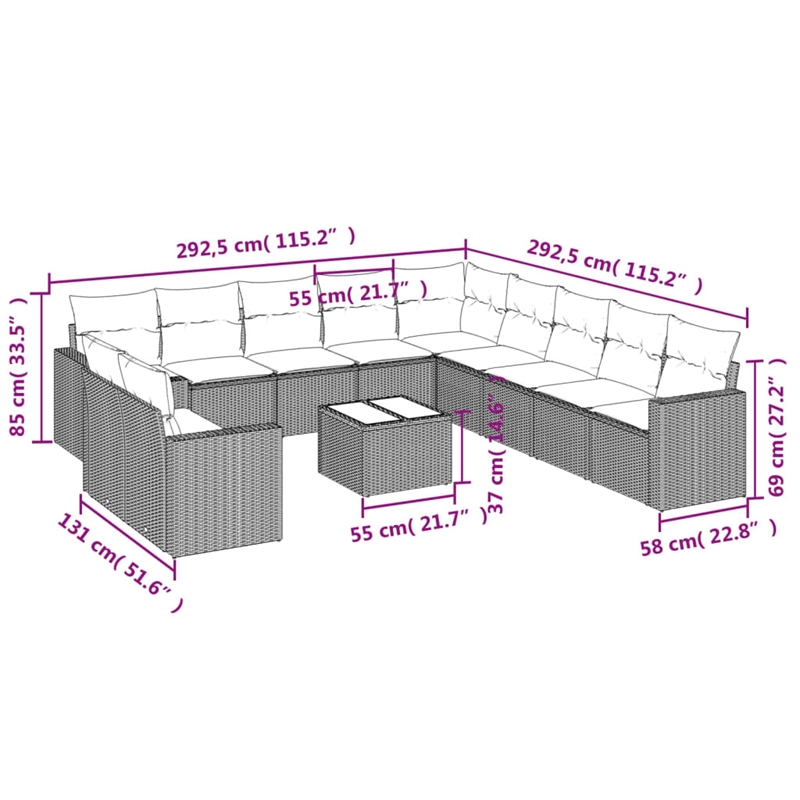 Afuera Living Contemporary 12 Piece Poly Rattan Sofa Set in Gray