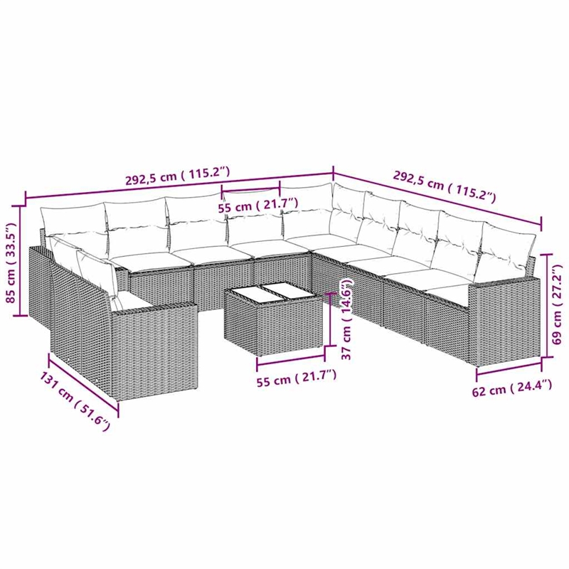 Afuera Living Contemporary Synthetic Poly Rattan 12 Piece  Sofa Set in Gray