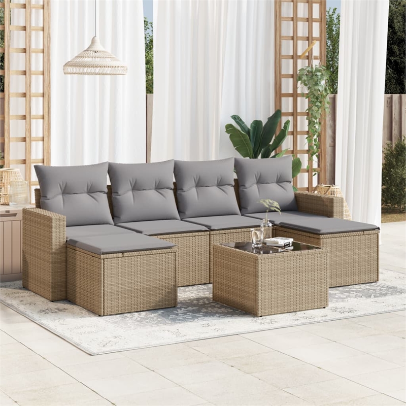 Afuera Living Contemporary 7 Piece Poly Rattan Sofa Set in Gray/Beige
