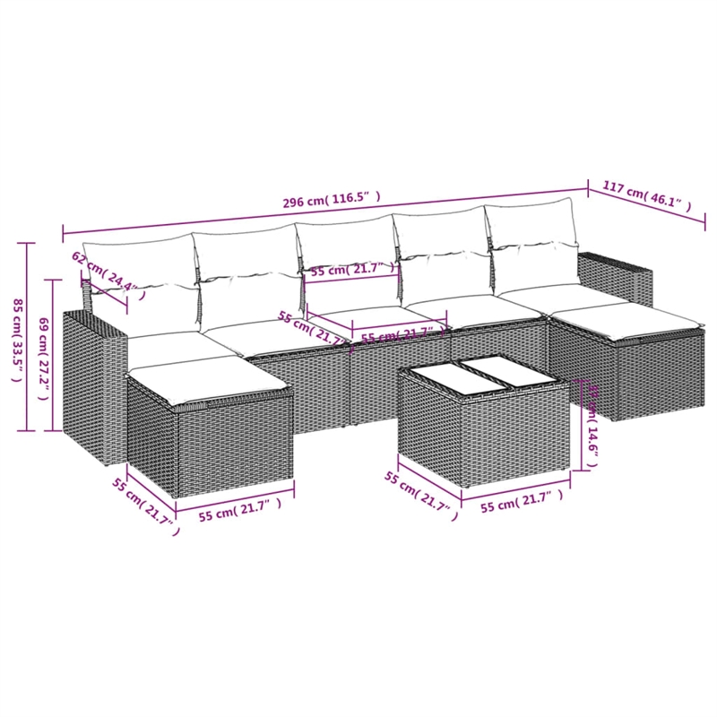 Afuera Living Contemporary 8 Piece Poly Rattan Sofa Set in Black/Cream