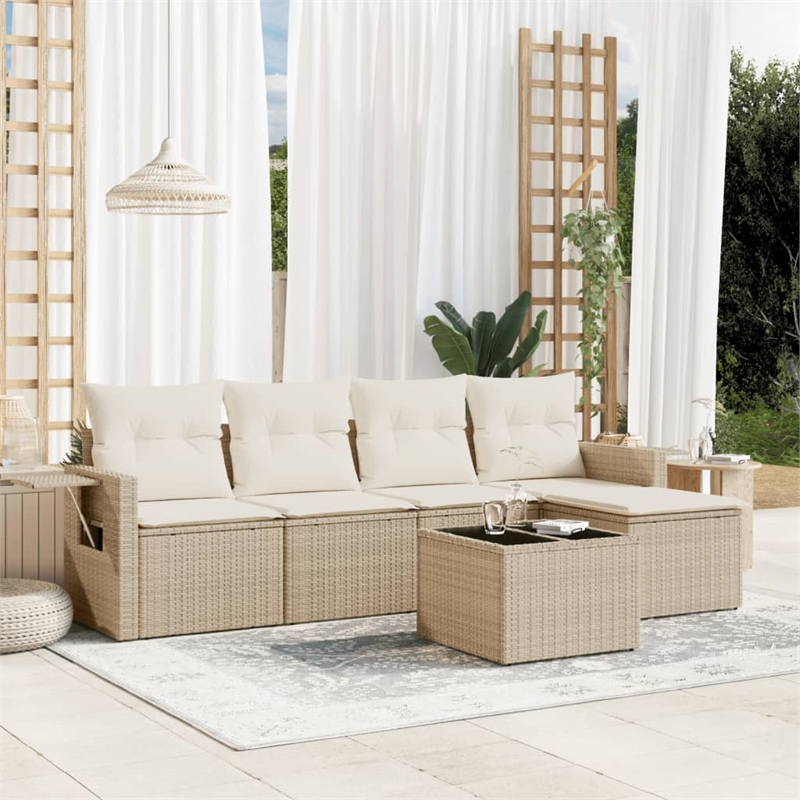 Afuera Living Contemporary 6 Piece Poly Rattan Sofa Set in Cream/Beige