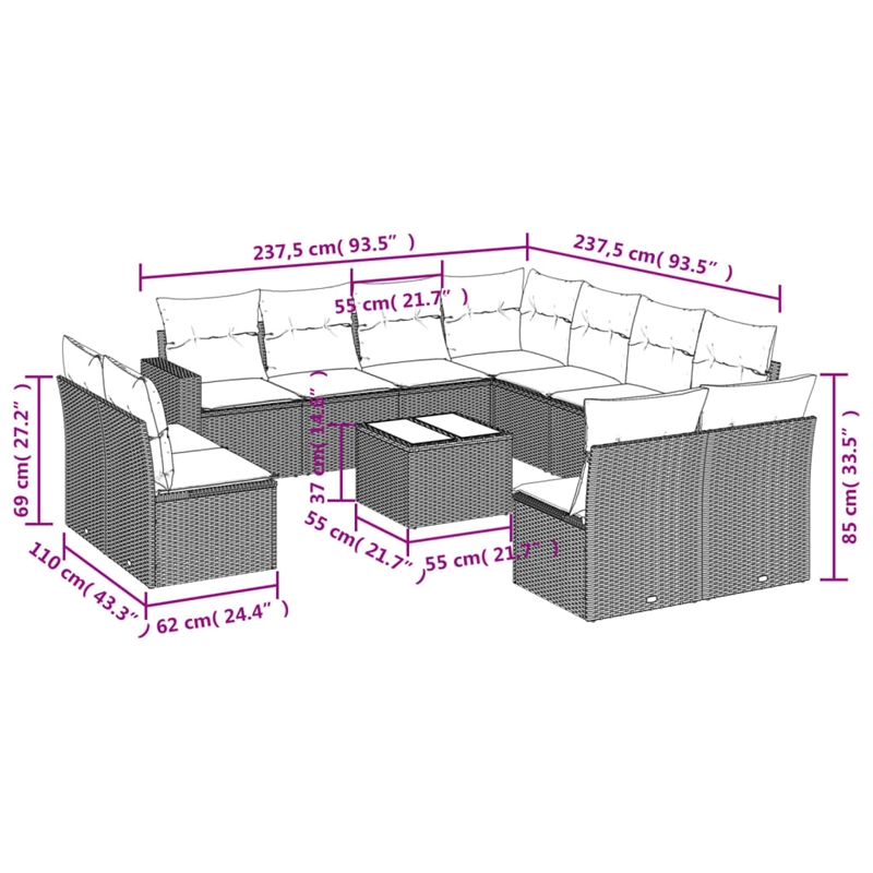 Afuera Living Contemporary Synthetic Poly Rattan 12 Piece Sofa Set in Gray