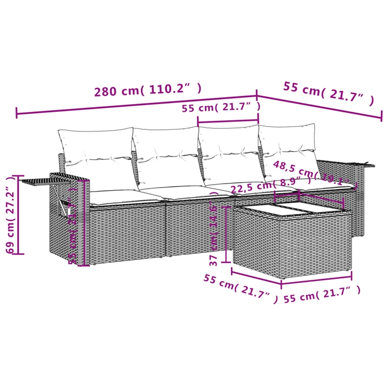 Afuera Living Contemporary 5 Piece Poly Rattan Small Sofa Set in Beige