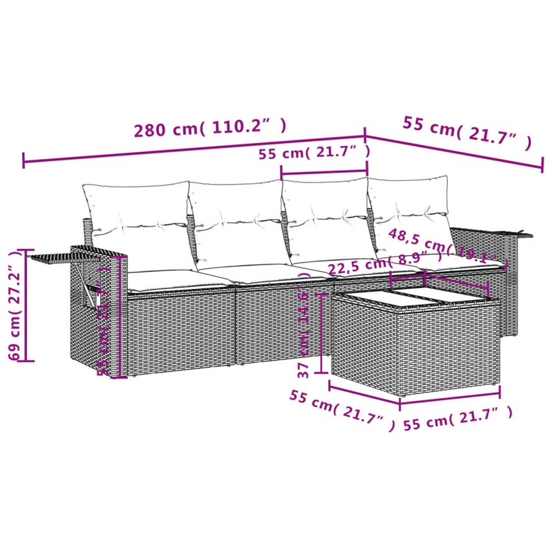 Afuera Living Contemporary Rattan 5 Piece Sofa Set in Brown/Cream