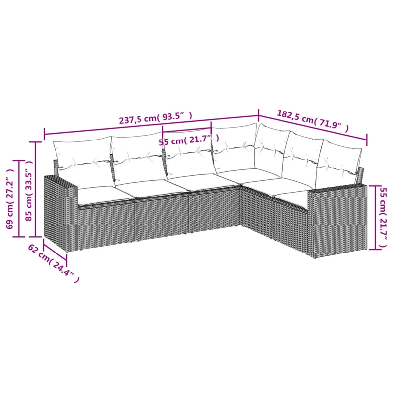 Afuera Living Contemporary 6 Piece Poly Rattan Sofa Set in Gray
