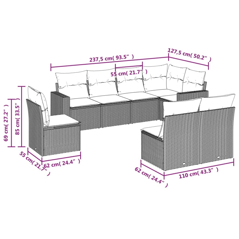 Afuera Living Contemporary 8 Piece Poly Rattan Sofa Set in Black/Blue