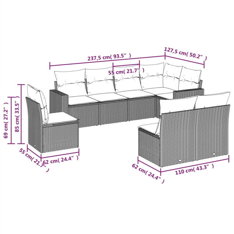Afuera Living Contemporary 8 Piece Poly Rattan Small Sofa Set in Gray